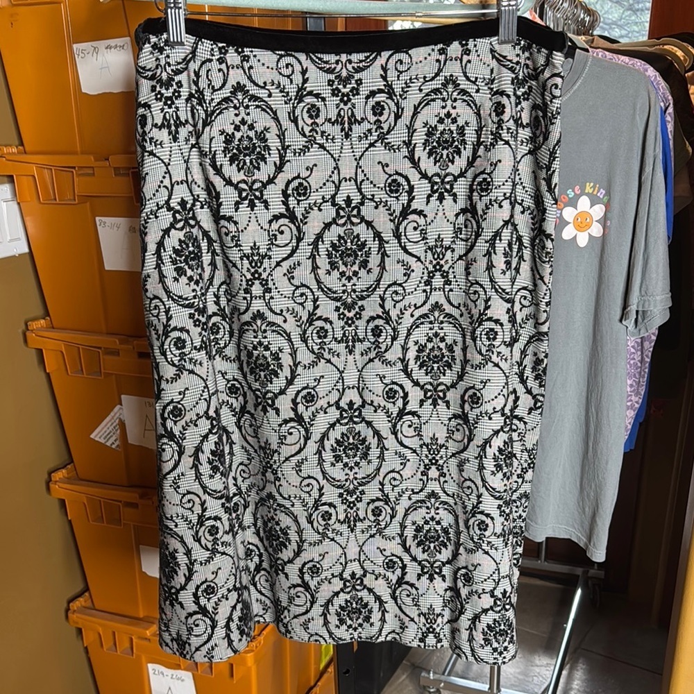 Vintage M.I.C Studio Velvet Flocked Houndstooth Midi Skirt Black White Red Sz 16 - Picture 5 of 7